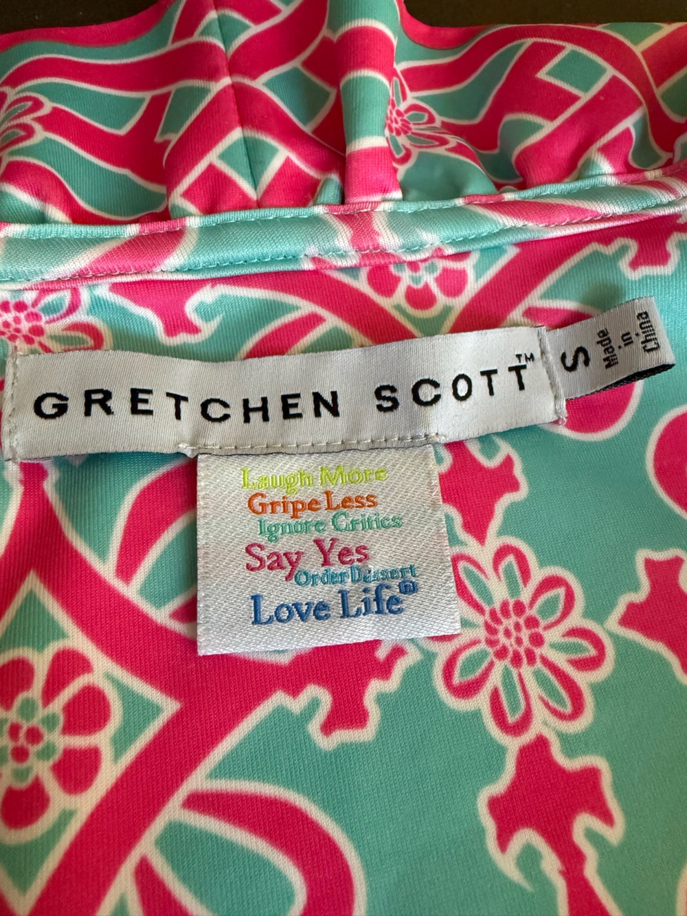 Gretchen Scott Ruff Neck 3/4 Sleeve Sheath Dress Pink Turquoise Print Sz Small - Picture 9 of 12